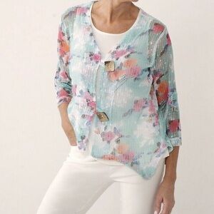 Nina Leonard Blue Floral Fishnet Coconut Shrug Jacket Women's Size L 3/4-Sleeve